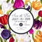 Botanical Save the date card template, wedding or party invitation with multicolored i bright vector tulips.