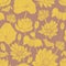 Botanical seamless pattern with beautiful yellow blooming lotus hand drawn on brown background. Backdrop with elegant