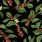 Botanical seamless pattern with coffea or coffee tree branches, flowers, leaves and ripe fruits or berries on black