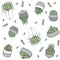 Botanical Seamless Pattern Doodle style illustration in vector format. Hand drawn Plants in pots