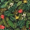 Botanical seamless pattern with foliage of exotic jungle plants on black background. Backdrop with leaves of tropical