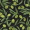 Botanical seamless pattern with olive tree branches, leaves, green fresh fruits or drupes on black background. Elegant