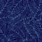 Botanical seamless pattern with outline of tropical palm leaves hand drawn on dark blue background. Thick foliage of