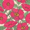 Botanical seamless pattern with pink dog roses, green stems and leaves. Beautiful garden flowers hand drawn in vintage