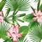 Botanical seamless pattern pink lotus green leaves white background