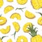 Botanical seamless pattern with ripe pineapple pieces and slices on black background. Backdrop with cut sweet tropical