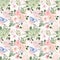 Botanical seamless pattern with watercolor spring flowers, greenery, butterflies