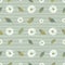 Botanical seamless pattern with white blooming flowers and leaves against green background with pale paint traces