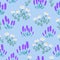 Botanical seamless print with various floral elements. Blue fields of lavender and chamomile. pattern with miniature