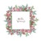 Botanical square decorative border or frame made of beautiful pink wild blooming flowers and flowering herbs hand drawn