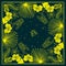Botanical square pattern with, leaves, hibiscus, cicadas, and bumblebees. Vector.