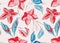 Botanical summer orchid red blue print. Vector art. Repetiotion design with big tender sketch flowers and blue leaves, tropical