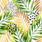Botanical summer seamless pattern. Watercolor and golden gradient palm leaves background