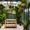 A botanical-themed greenhouse with hanging plants, a wooden bench, and lots of natural light1, Generative AI