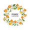 Botanical wedding invitation card, vintage Save the Date, template frame design of orange, citrus fruit, flowers and leaves