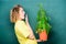 Botany is about plants flowers and herbs. Girl hold plant in pot. Take good care plants. Plants that sure stress relief