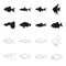Botia, clown, piranha, cichlid, hummingbird, guppy,Fish set collection icons in black,outline style vector symbol stock