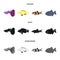 Botia, clown, piranha, cichlid, hummingbird, guppy,Fish set collection icons in cartoon,black,monochrome style vector