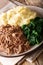 Botswana Beef ï¿½ Seswaa with Sadza and boiled spinach close-up on