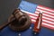 Bottle with alcohol and wooden judge gavel on USA and EU flags. Alcohol lawsuit concept in United States of America and European