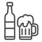 Bottle of beer, full beer mug with foam line icon, bar concept, beer festival vector sign on white background, outline
