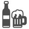 Bottle of beer, full beer mug with foam solid icon, bar concept, beer festival vector sign on white background, glyph