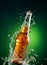 Bottle of beer in splashed flying on dark green background. Commercial banner for artisanal beverage