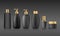 Bottle black products with gold cap, collection mock up template design on black background