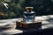 A bottle of blue perfume in an outdoor setting sitting on a wood. Ai generated