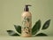 A bottle of body lotion on a green background. Generative AI image.