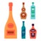 Bottle of champagne cognac schnapps vodka liquor. Icon bottle with cap and label. Graphic design for any purposes. Flat style.