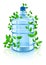 Bottle with clean blue water and green foliage