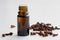 A bottle of clove essential oil with dried cloves on white background