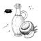 Bottle of coconut oil. Vector Hand drawn illustration. Cooking and beauty ingredient. Glass pitcher