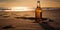 bottle of cold beer on the sand of the beach at sunset, alcoholic drink in sun backlight at a beautiful sunrise, generative AI