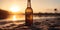 bottle of cold beer on the sand of the beach at sunset, alcoholic drink in sun backlight at a beautiful sunrise, generative AI