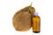 Bottle of Cold pressed coconut oil next to old mature raw coconut shell with brown fiber