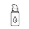 Bottle of concealer or moisturizer. Linear icon of vial with dispenser, drop of cream. Black illustration of makeup products for