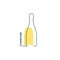 Bottle continuous line champagne in linear style on white background. Black thin outline and yellow fill. Modern flat style