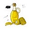 Bottle of corn cooking oil. Vector Hand drawn illustration. Glass pitcher with maize and seeds