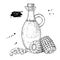 Bottle of corn cooking oil. Vector Hand drawn illustration. Glass pitcher vintage