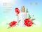 Bottle for cosmetic lotion. Regenerate cream for hands, white bottle over blue background with blossom poppy flowers
