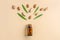 Bottle of cosmetic oil and nuts and leaves of almond on a beige background