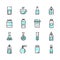 Bottle and cups Thinline icons with blue circle