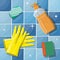 Bottle of detergent sponge soap and rubber gloves