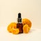 A bottle of essential oil, Aromatic tangerine oil in a dark bubble, cosmetic oil from tangerine. Bottles with sweet orange