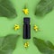 Bottle of essential oil with fresh herbs and yellow flowers around on a green background