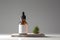 A bottle of essential oil next to a small plant. Generative AI image.