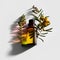 Bottle of essential oil with olive branch on white background with shadows.