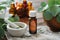 Bottle of eucalyptus oil, mortar and wooden bowl of green eucalyptus leaves. Tincture and oil bottles on background